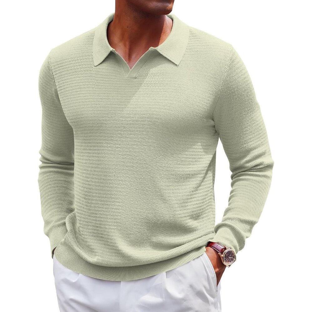 Men's Knit Polo Sweater V-Neck Long Sleeve Dress Pullover Fall Sweater Celadon